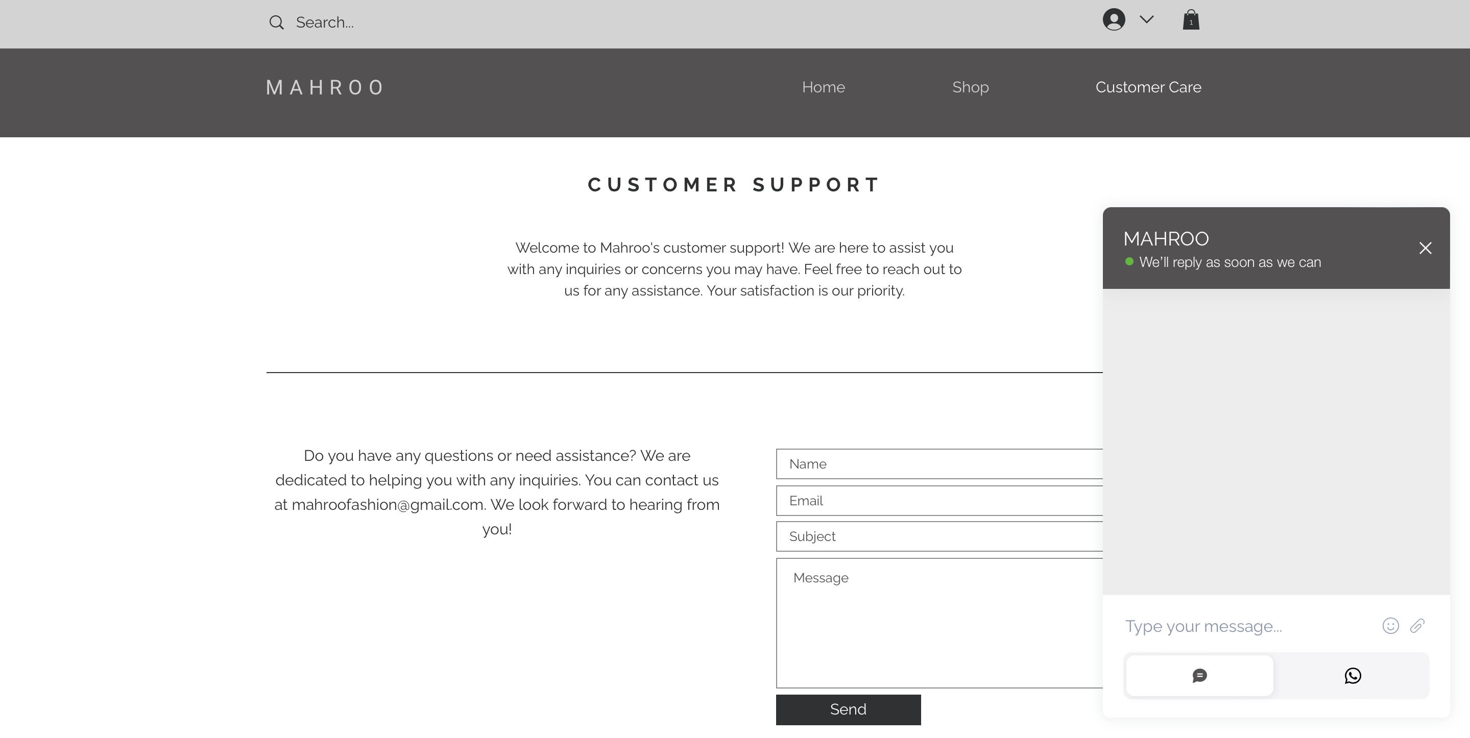 Seamless Customer Service Incorporating Contact Forms, Contact Information and Chat Bubble.